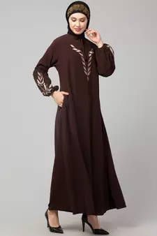 Brown Matt Nida Front and Sleeve Resham Embroidery Balloon Sleeve Abaya