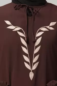 Brown Matt Nida Front and Sleeve Resham Embroidery Balloon Sleeve Abaya