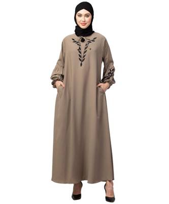 Khaki Matt Nida Front and Sleeve Resham Embroidery Balloon Sleeve Abaya 1