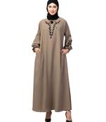 Khaki Matt Nida Front and Sleeve Resham Embroidery Balloon Sleeve Abaya