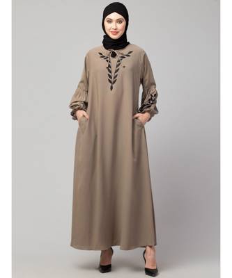 Khaki Matt Nida Front and Sleeve Resham Embroidery Balloon Sleeve Abaya 2