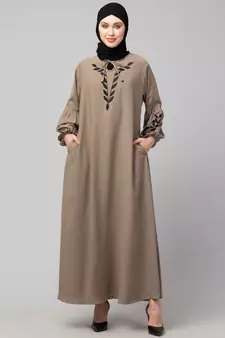 Khaki Matt Nida Front and Sleeve Resham Embroidery Balloon Sleeve Abaya
