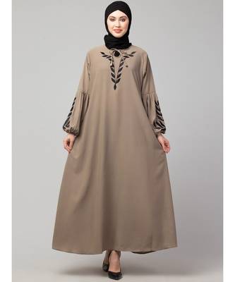 Khaki Matt Nida Front and Sleeve Resham Embroidery Balloon Sleeve Abaya 3