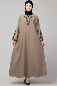 Khaki Matt Nida Front and Sleeve Resham Embroidery Balloon Sleeve Abaya