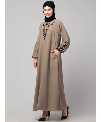Khaki Matt Nida Front and Sleeve Resham Embroidery Balloon Sleeve Abaya 4