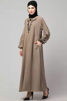 Khaki Matt Nida Front and Sleeve Resham Embroidery Balloon Sleeve Abaya