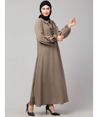 Khaki Matt Nida Front and Sleeve Resham Embroidery Balloon Sleeve Abaya 5
