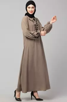 Khaki Matt Nida Front and Sleeve Resham Embroidery Balloon Sleeve Abaya