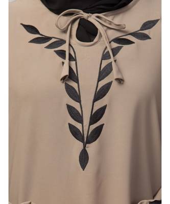 Khaki Matt Nida Front and Sleeve Resham Embroidery Balloon Sleeve Abaya 6
