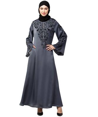 Grey Premium Shine Nida Neck and Sleeve Resham Embroidered  A line Party Abaya 1
