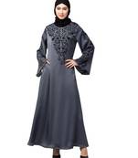 Grey Premium Shine Nida Neck and Sleeve Resham Embroidered  A line Party Abaya