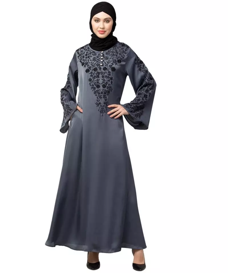 Grey Premium Shine Nida Neck and Sleeve Resham Embroidered  A line Party Abaya