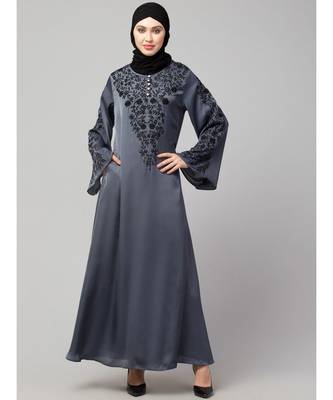 Grey Premium Shine Nida Neck and Sleeve Resham Embroidered  A line Party Abaya 2