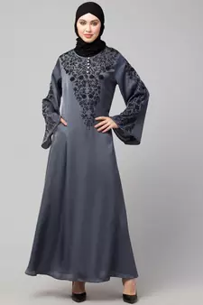 Grey Premium Shine Nida Neck and Sleeve Resham Embroidered  A line Party Abaya