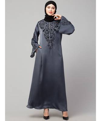 Grey Premium Shine Nida Neck and Sleeve Resham Embroidered  A line Party Abaya 3