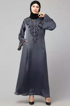 Grey Premium Shine Nida Neck and Sleeve Resham Embroidered  A line Party Abaya