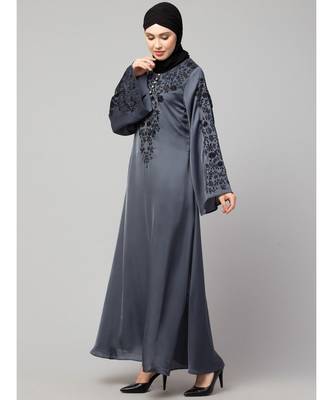 Grey Premium Shine Nida Neck and Sleeve Resham Embroidered  A line Party Abaya 4