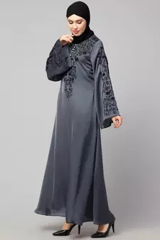 Grey Premium Shine Nida Neck and Sleeve Resham Embroidered  A line Party Abaya