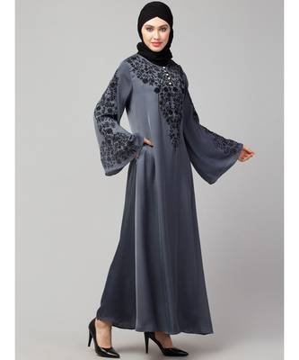 Grey Premium Shine Nida Neck and Sleeve Resham Embroidered  A line Party Abaya 5