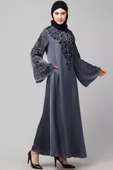 Grey Premium Shine Nida Neck and Sleeve Resham Embroidered  A line Party Abaya