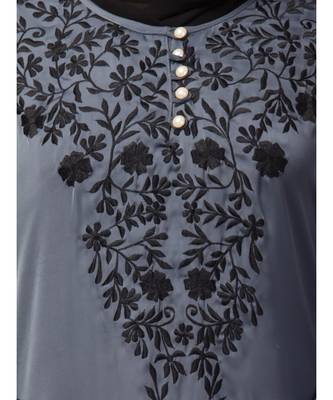 Grey Premium Shine Nida Neck and Sleeve Resham Embroidered  A line Party Abaya 6