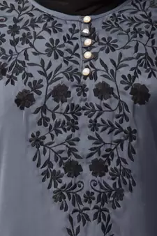 Grey Premium Shine Nida Neck and Sleeve Resham Embroidered  A line Party Abaya