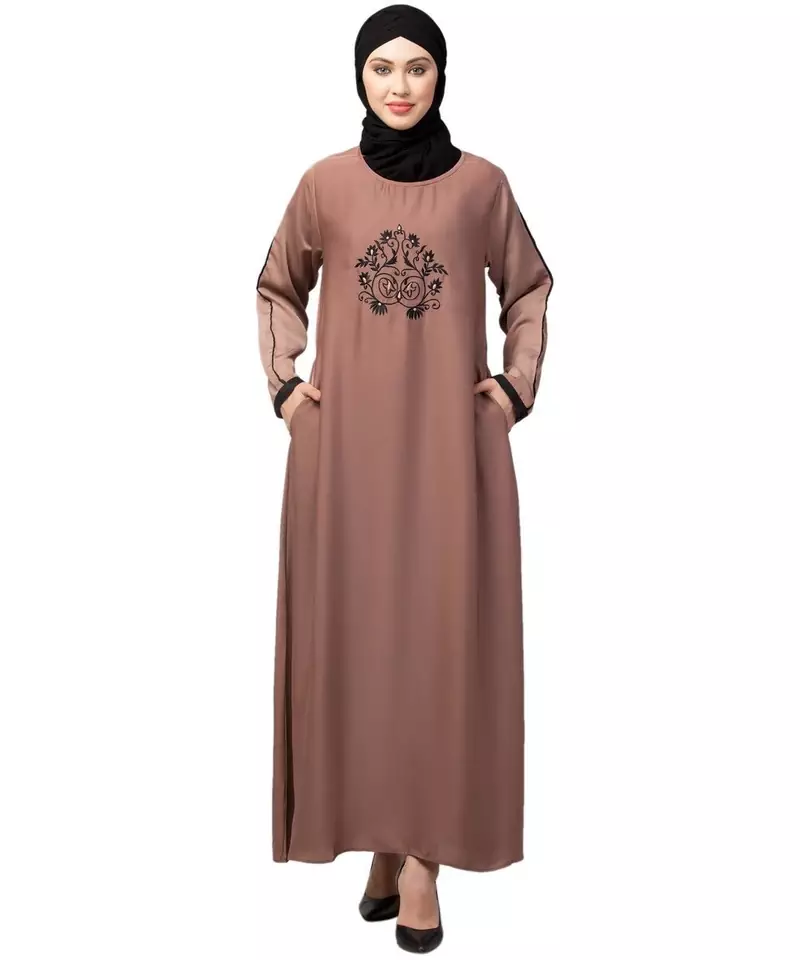 Skin Premium Shine Nida embroidery at front contrast piping Casual Abaya