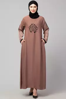 Skin Premium Shine Nida embroidery at front contrast piping Casual Abaya