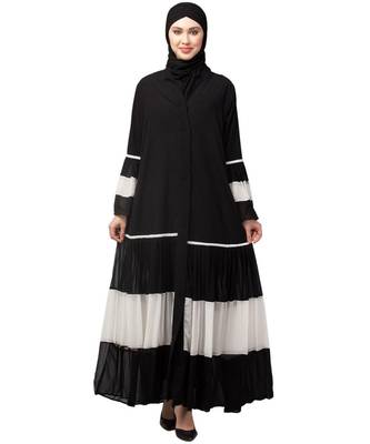 Naneen Black/White Matt Nida and Georgette Contrast pleated at sleeve and Bottom front open Abaya 1