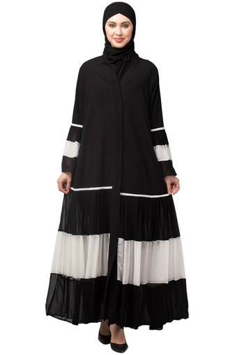 Naneen Black/White Matt Nida and Georgette Contrast pleated at sleeve and Bottom front open Abaya