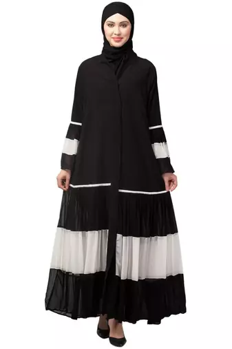 Naneen Black/White Matt Nida and Georgette Contrast pleated at sleeve and Bottom front open Abaya