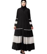 Naneen Black/White Matt Nida and Georgette Contrast pleated at sleeve and Bottom front open Abaya