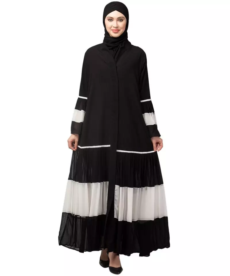 Naneen Black/White Matt Nida and Georgette Contrast pleated at sleeve and Bottom front open Abaya