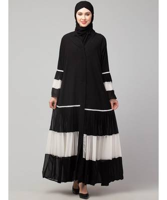 Naneen Black/White Matt Nida and Georgette Contrast pleated at sleeve and Bottom front open Abaya 2