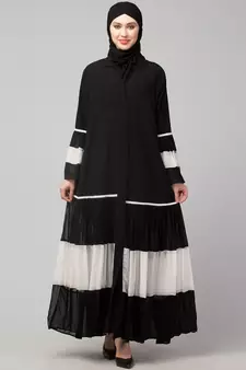 Naneen Black/White Matt Nida and Georgette Contrast pleated at sleeve and Bottom front open Abaya