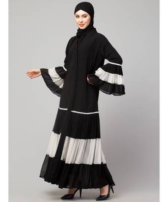 Naneen Black/White Matt Nida and Georgette Contrast pleated at sleeve and Bottom front open Abaya 3