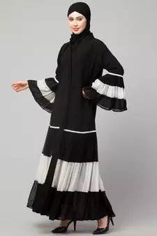 Naneen Black/White Matt Nida and Georgette Contrast pleated at sleeve and Bottom front open Abaya