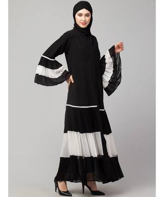 Naneen Black/White Matt Nida and Georgette Contrast pleated at sleeve and Bottom front open Abaya 4