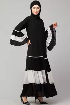 Naneen Black/White Matt Nida and Georgette Contrast pleated at sleeve and Bottom front open Abaya