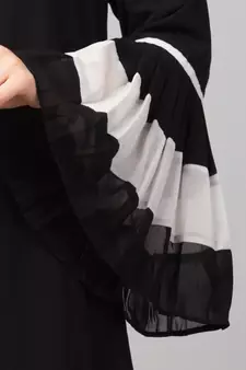 Naneen Black/White Matt Nida and Georgette Contrast pleated at sleeve and Bottom front open Abaya