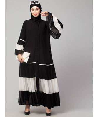Naneen Black/White Matt Nida and Georgette Contrast pleated at sleeve and Bottom front open Abaya 6
