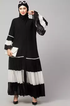 Naneen Black/White Matt Nida and Georgette Contrast pleated at sleeve and Bottom front open Abaya