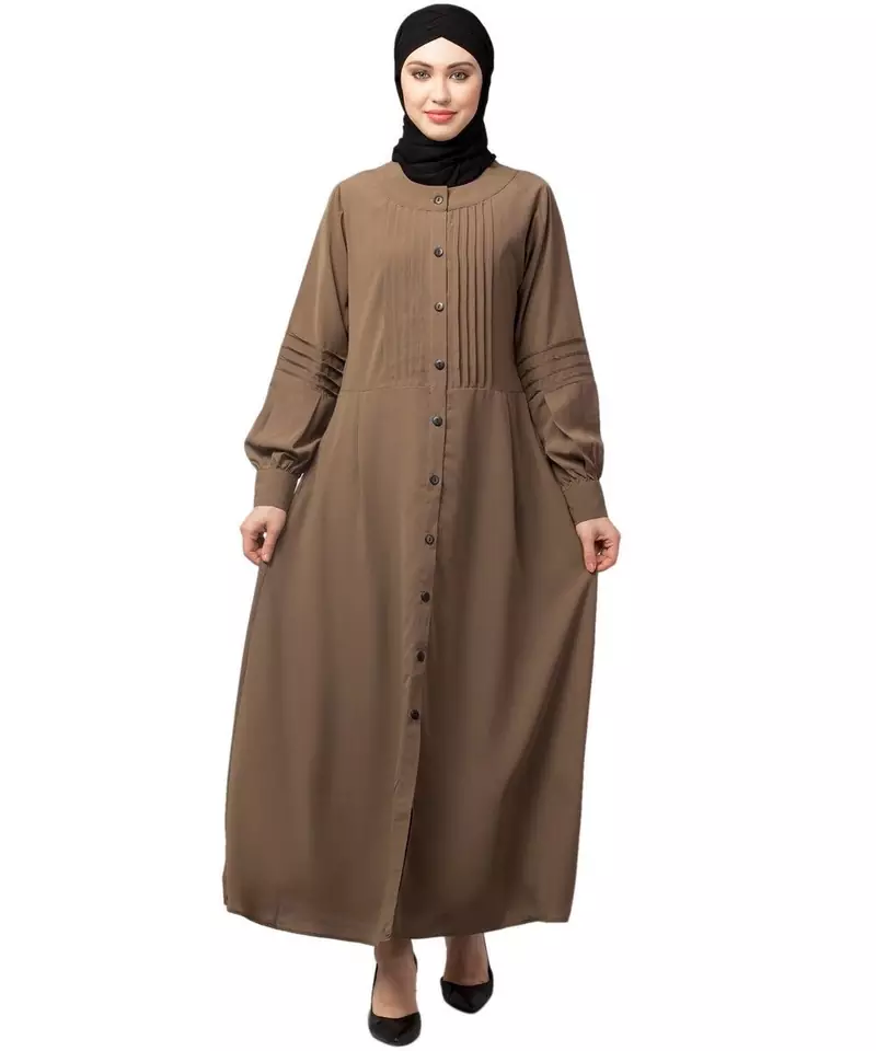 Khaki/Beige Matt Nida Pleats at front and sleeve Front open Casual Abaya