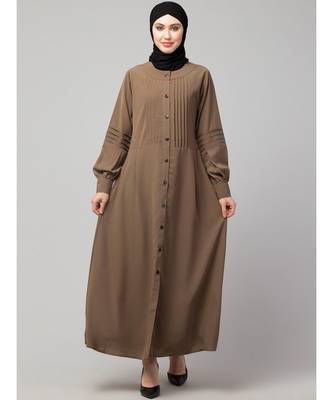 Khaki/Beige Matt Nida Pleats at front and sleeve Front open Casual Abaya 2