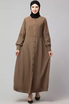 Khaki/Beige Matt Nida Pleats at front and sleeve Front open Casual Abaya