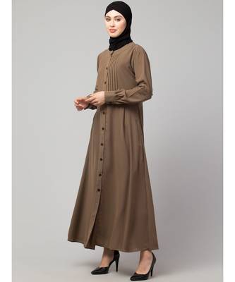 Khaki/Beige Matt Nida Pleats at front and sleeve Front open Casual Abaya 3