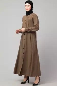 Khaki/Beige Matt Nida Pleats at front and sleeve Front open Casual Abaya