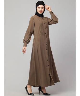 Khaki/Beige Matt Nida Pleats at front and sleeve Front open Casual Abaya 4