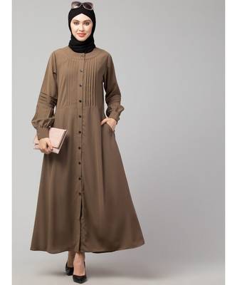 Khaki/Beige Matt Nida Pleats at front and sleeve Front open Casual Abaya 6