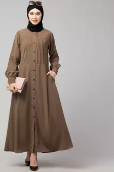 Khaki/Beige Matt Nida Pleats at front and sleeve Front open Casual Abaya